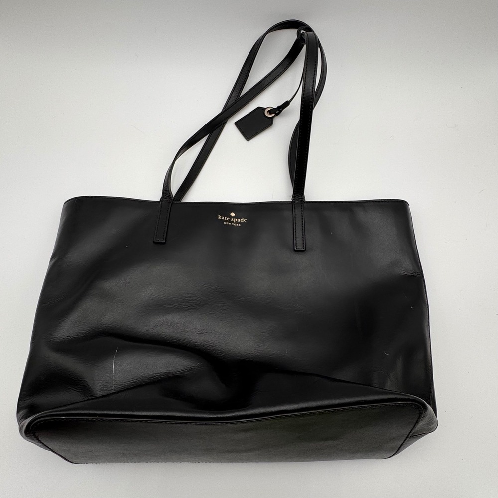Kate Spade New York Black Leather Tote Bag Large Shoulder Purse Gold Logo